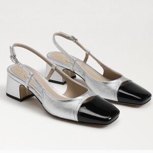 SAM EDELMAN Tarra Leather Slingback Heels Silver/Black New In Box Size 7.5